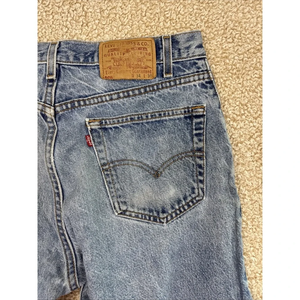 Vintage 90s Levis 505 Jeans Red Tab Men 34x30 Distressed Light Wash Made in USA